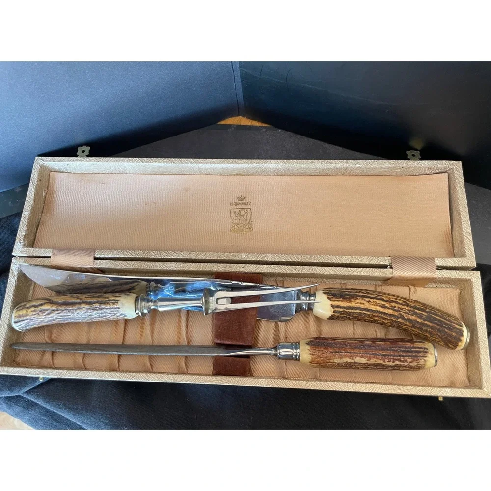 Kirk & Matz Sheffield England Stag Horn 3pc Carving Set Forged Stainless Steel